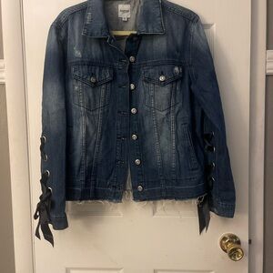 Kensie Blue Denim Jacket with Black Lace-Up Sleeves